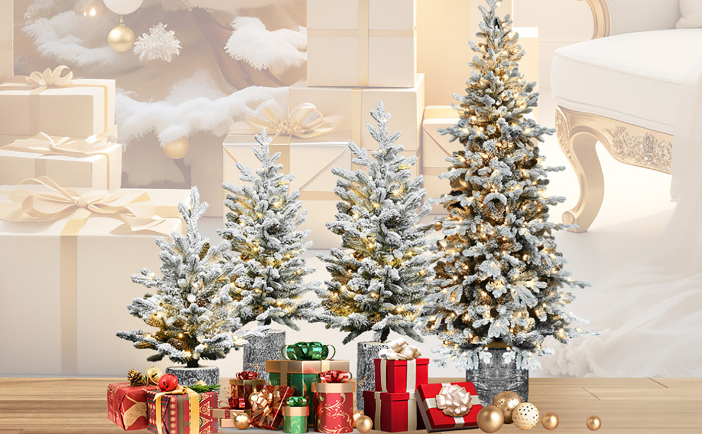 2FT Flocked Christmas Tree with Pot Base, 3 snowy trees with warm lights, HouseOfZazla on Tampa Home & Garden Store