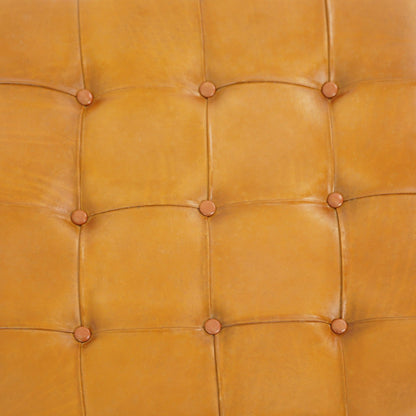Tufted square leather ottoman in light brown with button tufting and high-density foam on Tampa Home & Garden Store