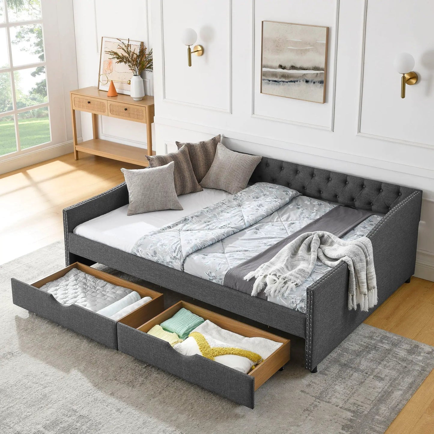 Upholstered tufted daybed with 2 drawers, gray fabric, waved arms on Tampa Home & Garden Store