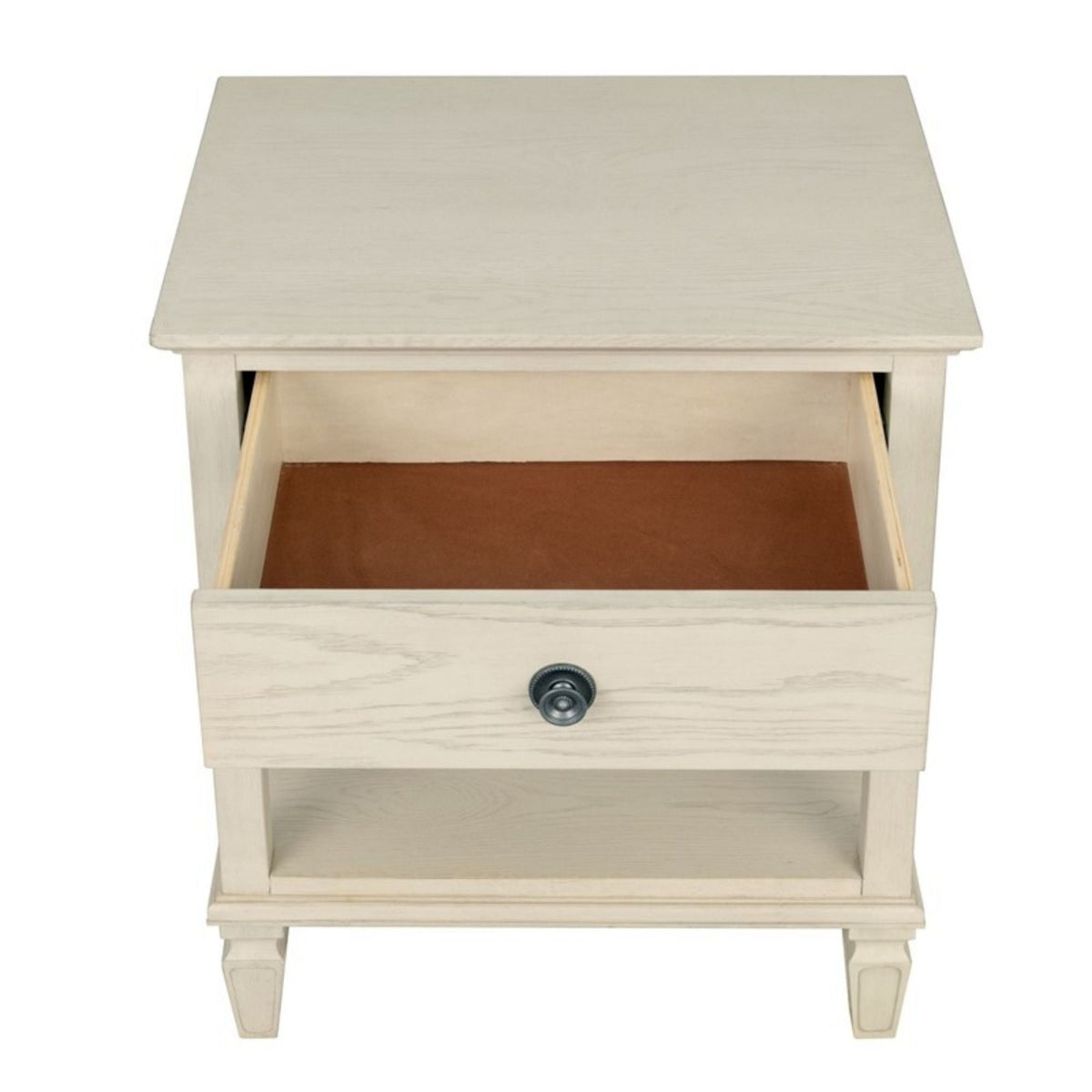 Solid wood bedside table with drawer and open shelf in light wood finish on Tampa Home & Garden Store