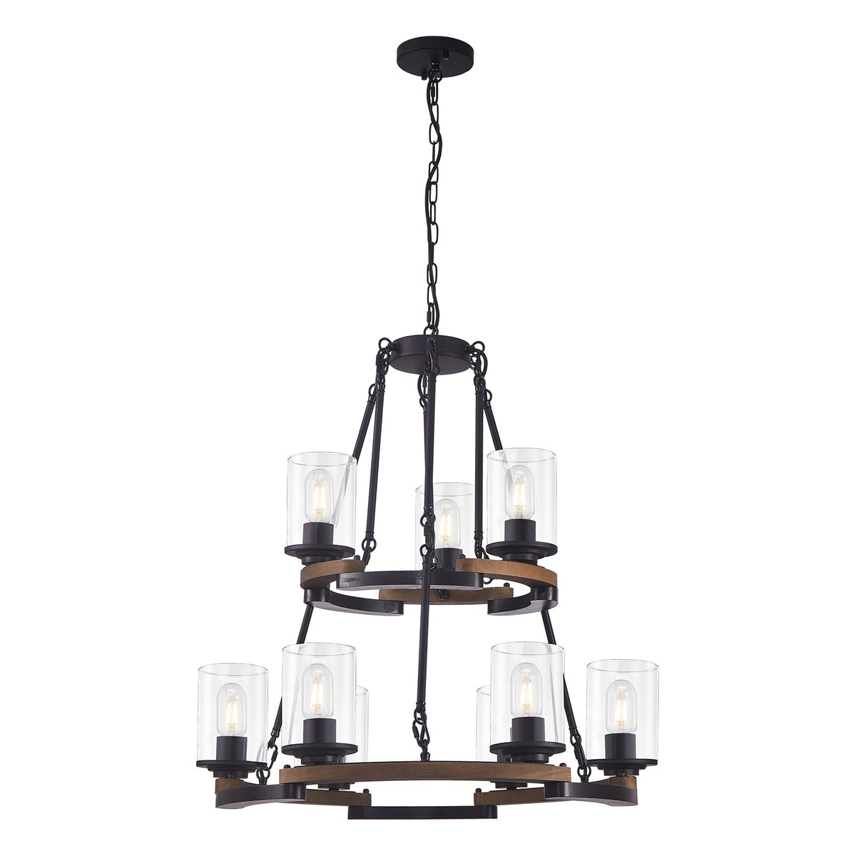 9-light vintage wagon wheel farmhouse chandelier with black metal frame and glass shades on Tampa Home & Garden Store
