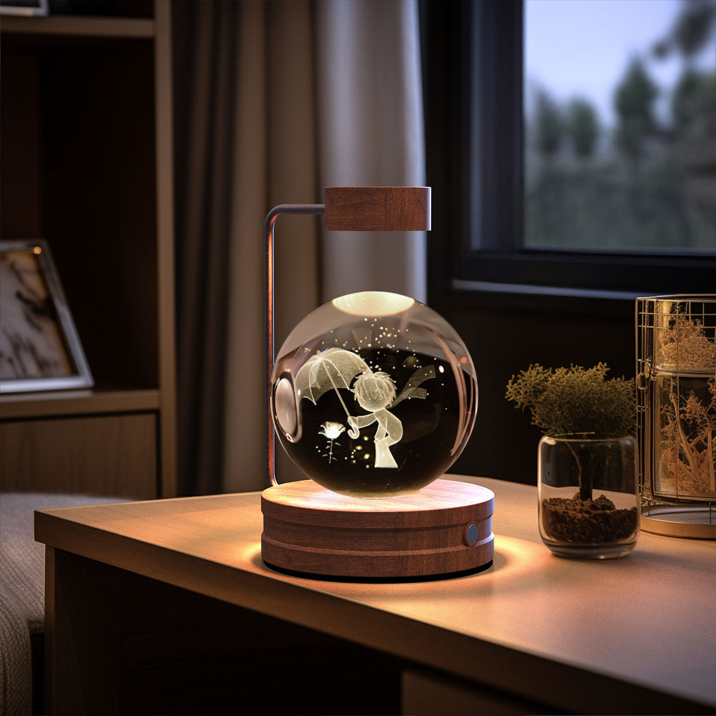 Crystal ball night light with cosmic dinosaur scene, USB powered, warm glow, wooden base on Tampa Home & Garden Store