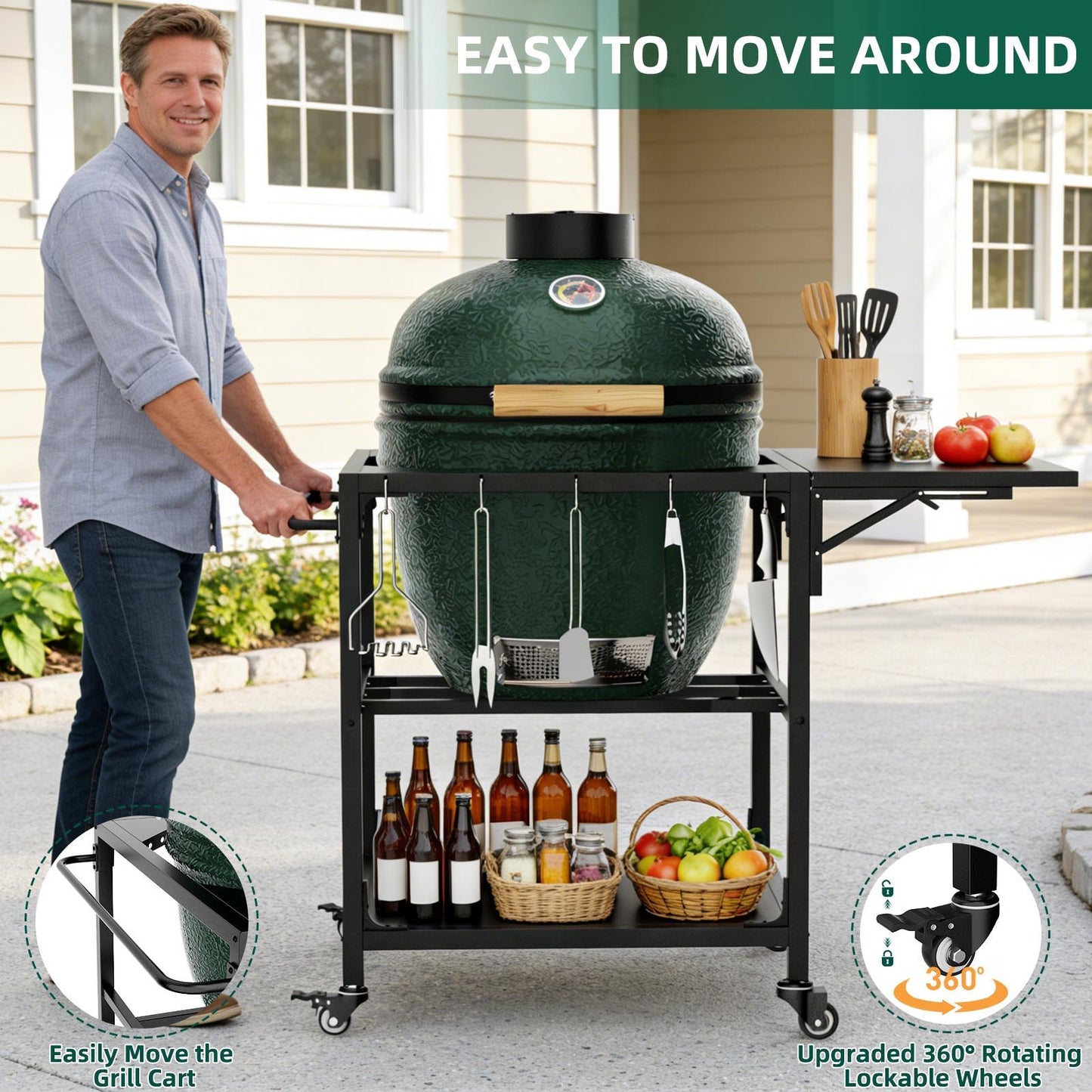 Outdoor Grill Prep Cart With Wheels and Shelves
