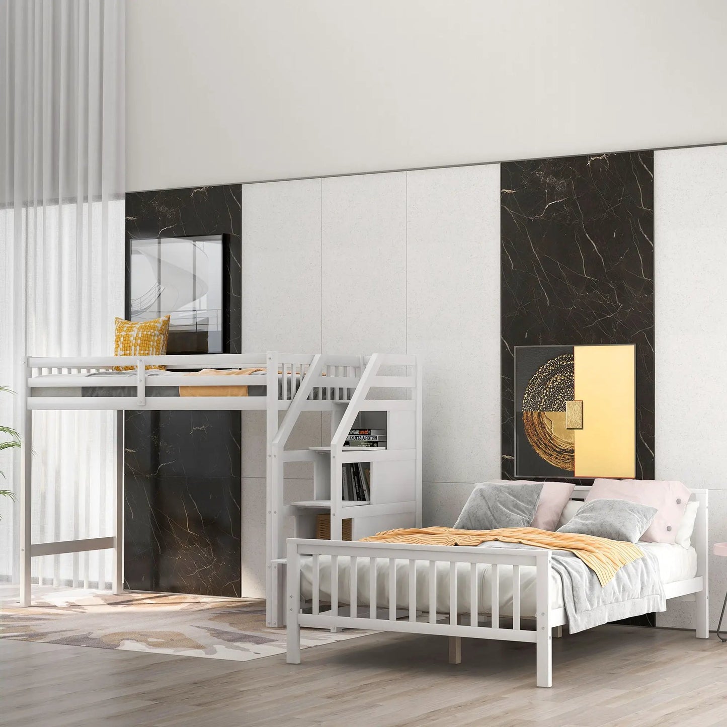 Loft Bed with Staircase and Storage Grids
