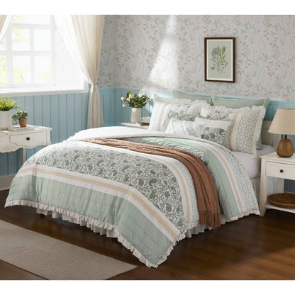 9 Piece Cotton Percale Comforter Set Aqua by HouseOfZazla on bed with damask floral print and mint stripes on Tampa Home & Garden Store