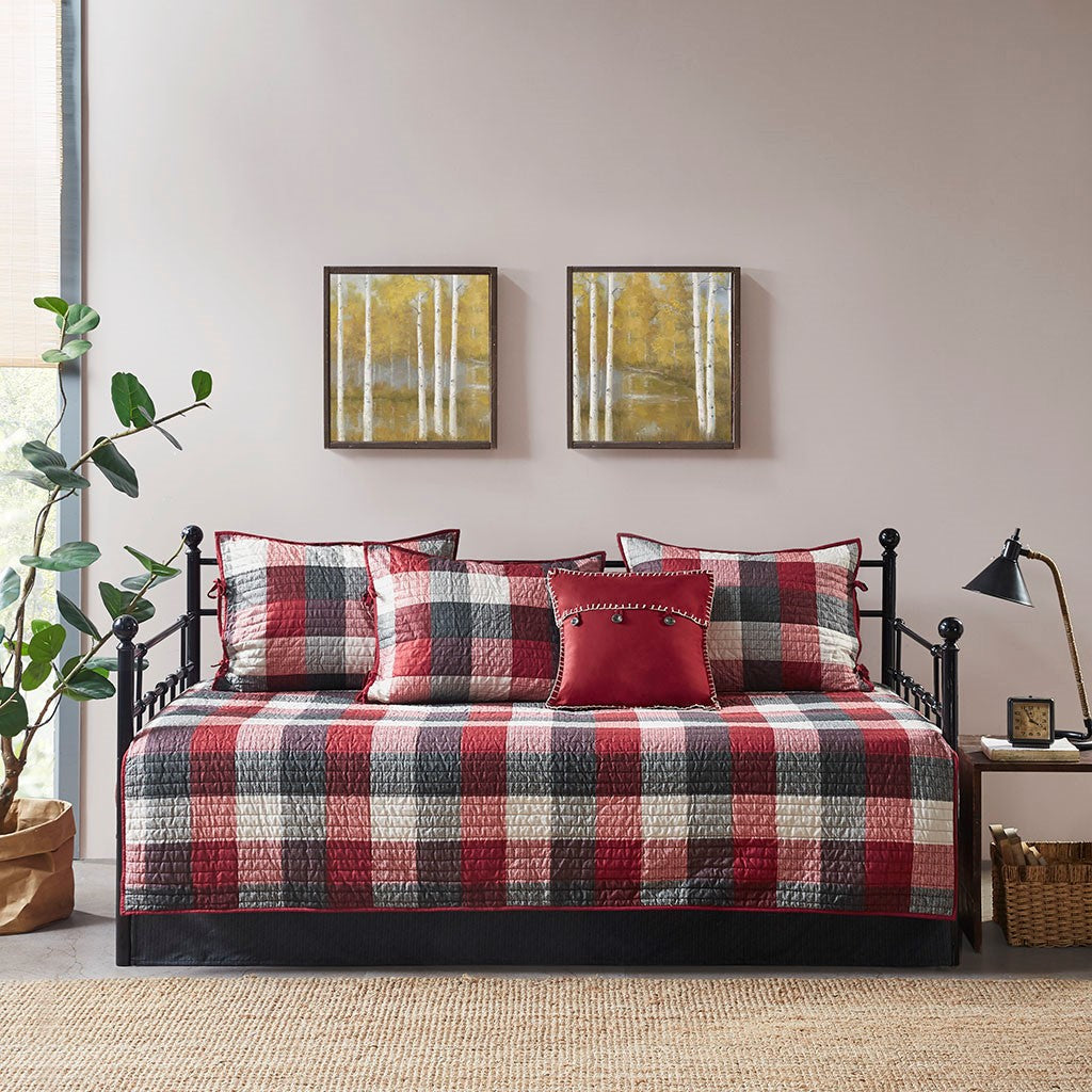 HouseOfZazla 6-piece reversible plaid daybed cover set red gray white with shams on Tampa Home & Garden Store