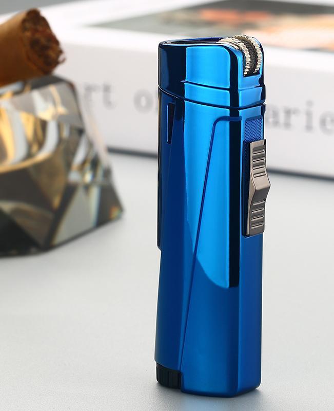 Stevvex blue metal lighter with side lever and triple torch, modern luxury design on Tampa Home & Garden Store