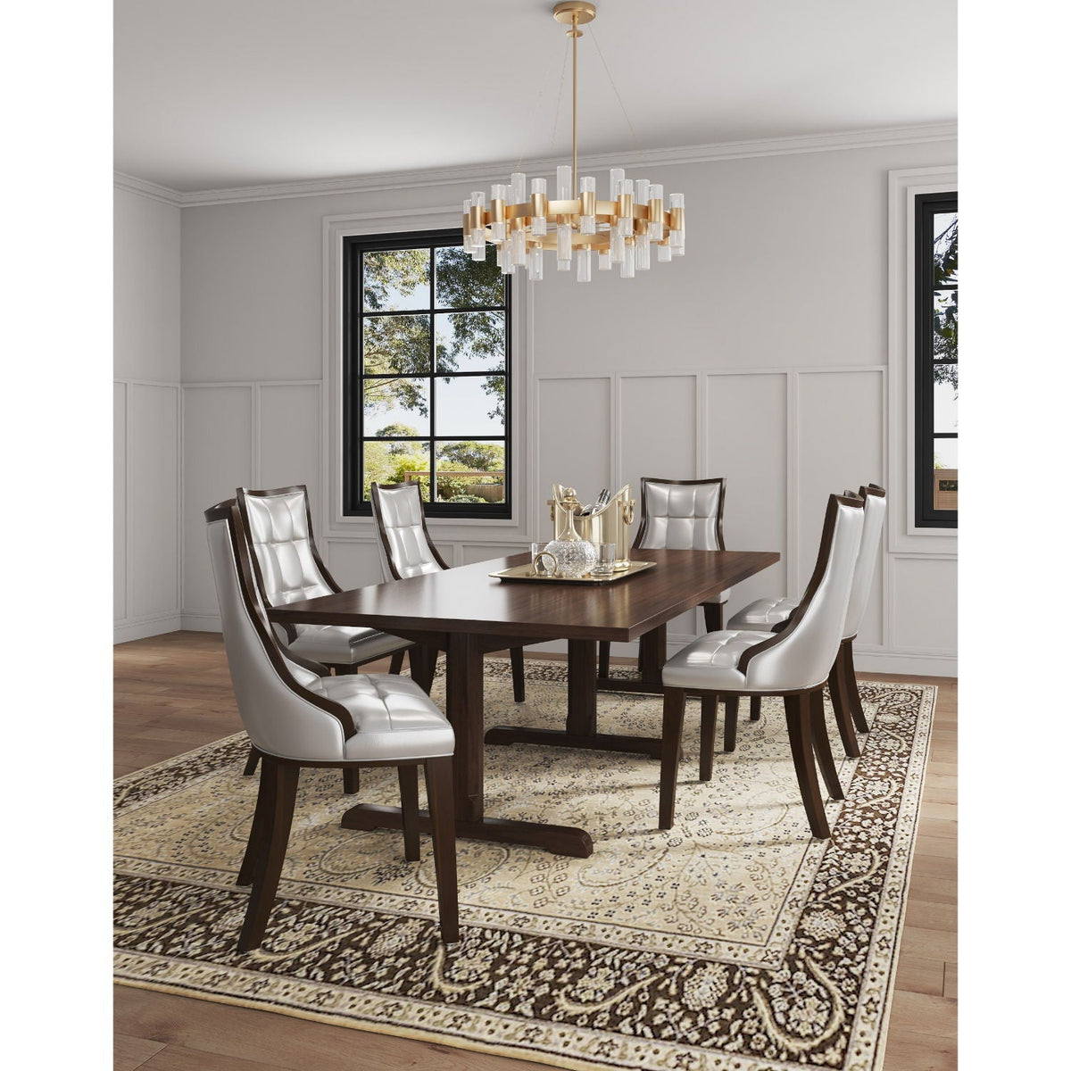 Six Fifth Avenue dining chairs white tufted with dark wood legs around a rectangular table on Tampa Home & Garden Store