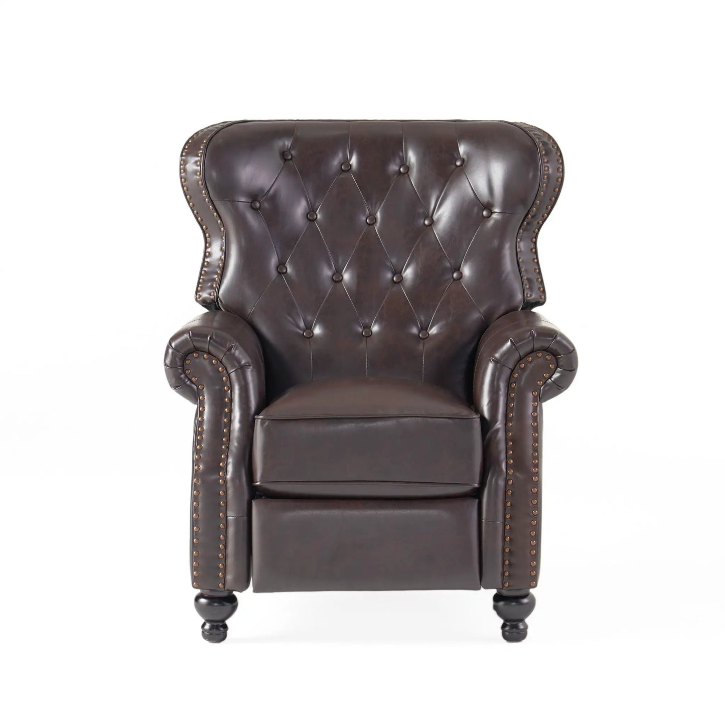 Contemporary push-back recliner chair in brown leather with button tufting and nailhead trim on Tampa Home & Garden Store