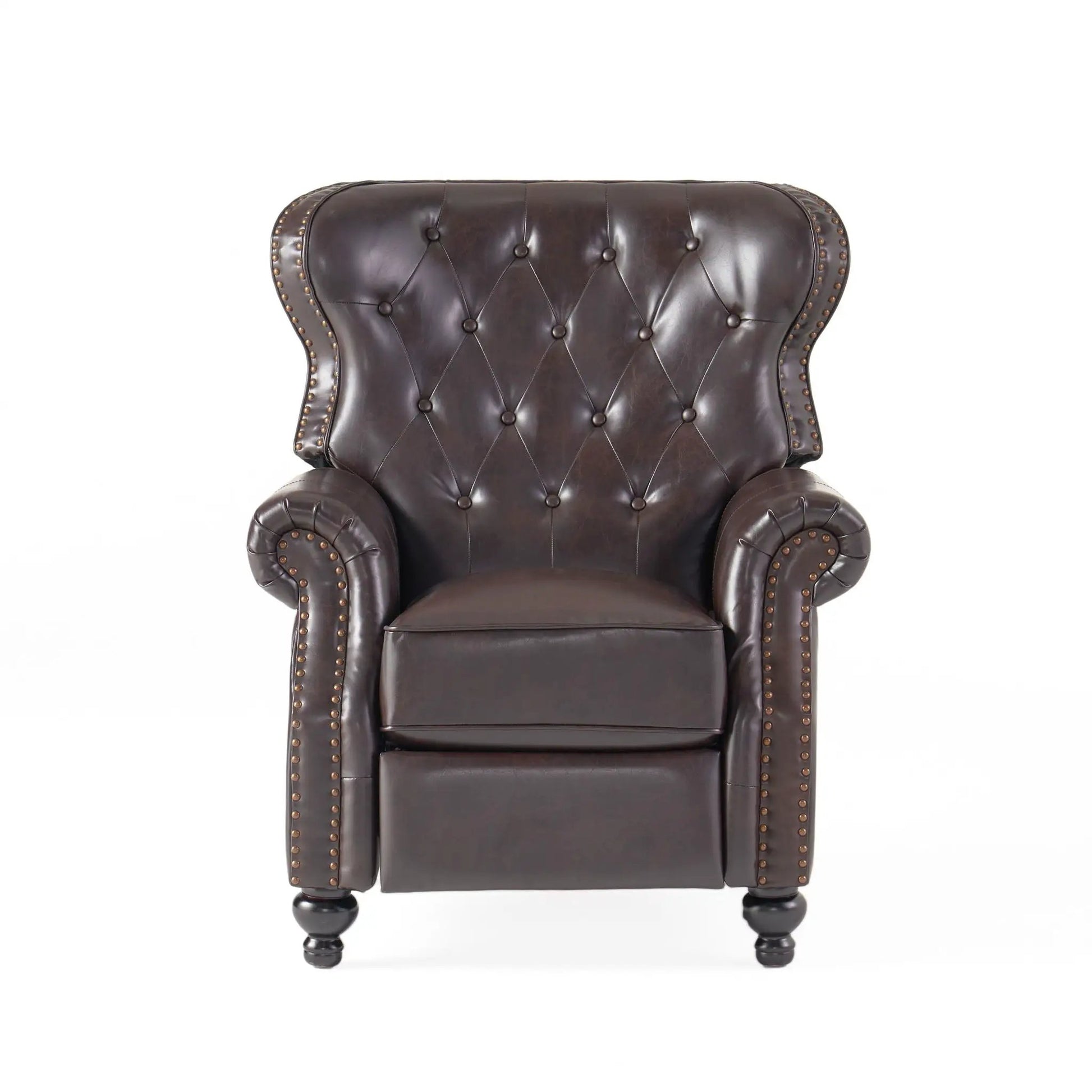 Contemporary push-back recliner chair in brown leather with button tufting and nailhead trim on Tampa Home & Garden Store
