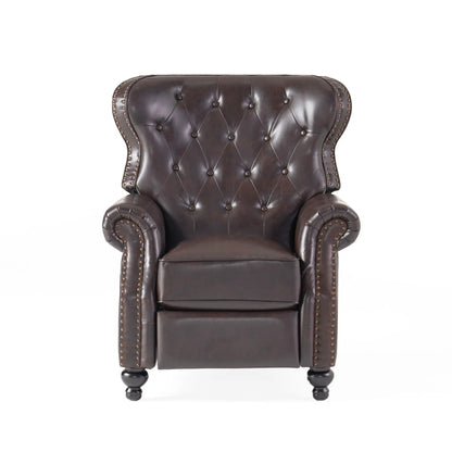 Contemporary push-back recliner chair in brown leather with button tufting and nailhead trim on Tampa Home & Garden Store