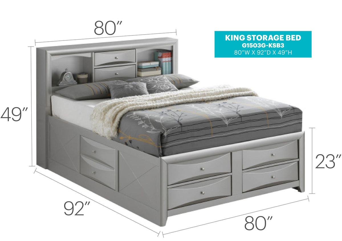 Storage bed with bookcase headboard in gray finish and built-in drawers 80W x 92D x 49H on Tampa Home & Garden Store