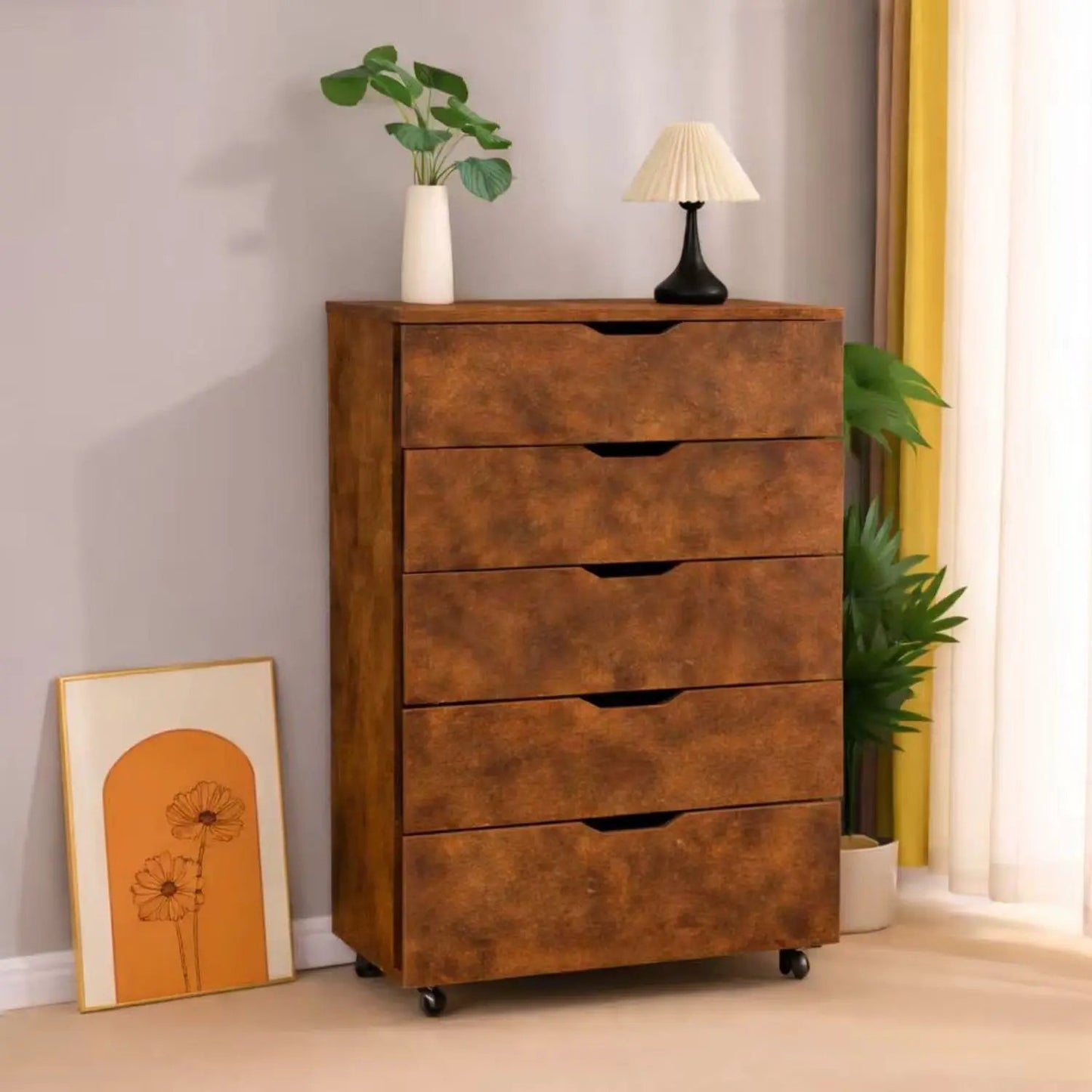 Modern 5-drawer dresser on wheels with rustic brown wood finish accent chest on Tampa Home & Garden Store