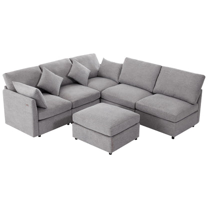 Sectional sofa modular U-shaped with ottoman and USB ports in gray fabric by HouseOfZazla on Tampa Home & Garden Store