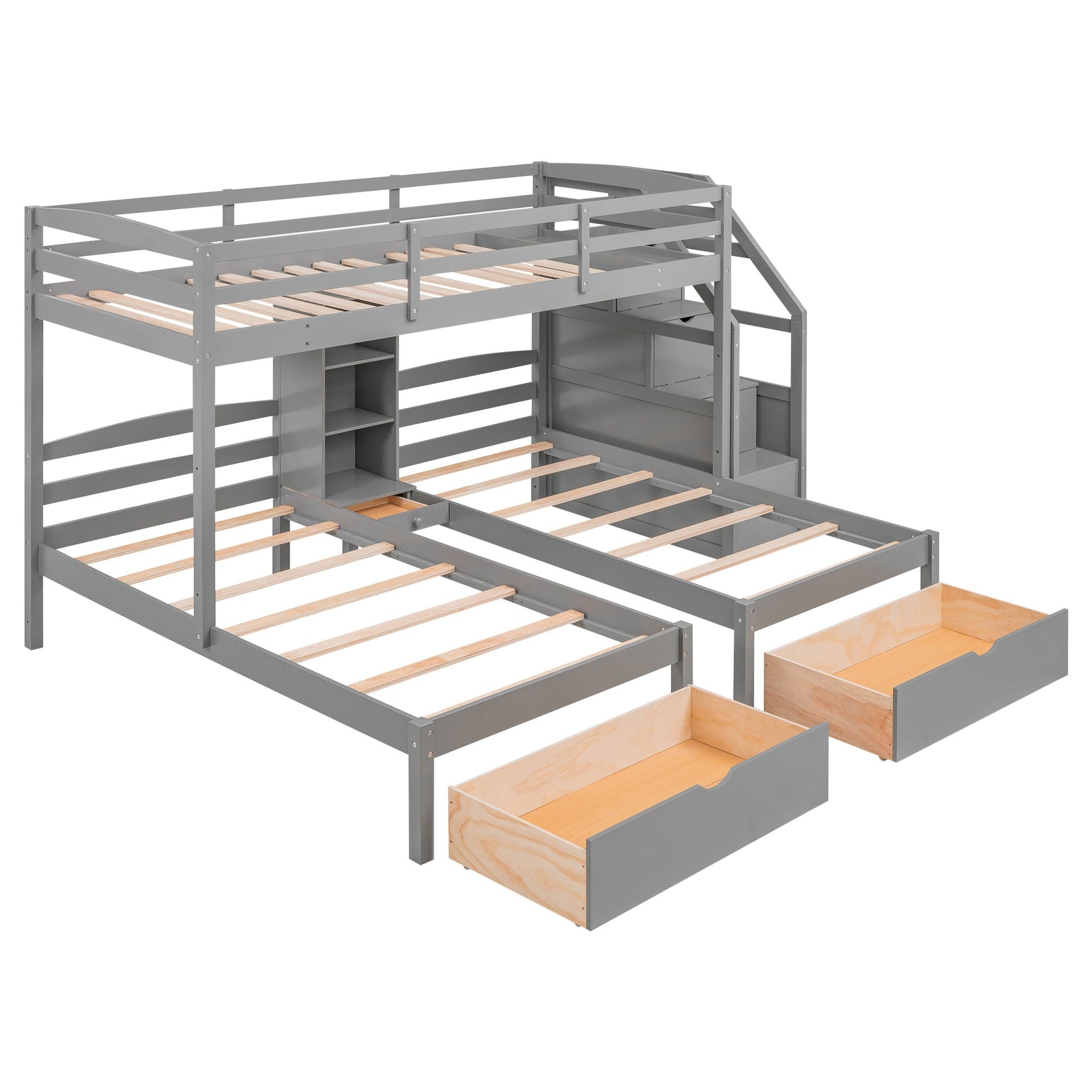 Gray bunk bed set by HouseOfZazla: twin-over-twin with twin bunk, stairs and drawers on Tampa Home & Garden Store