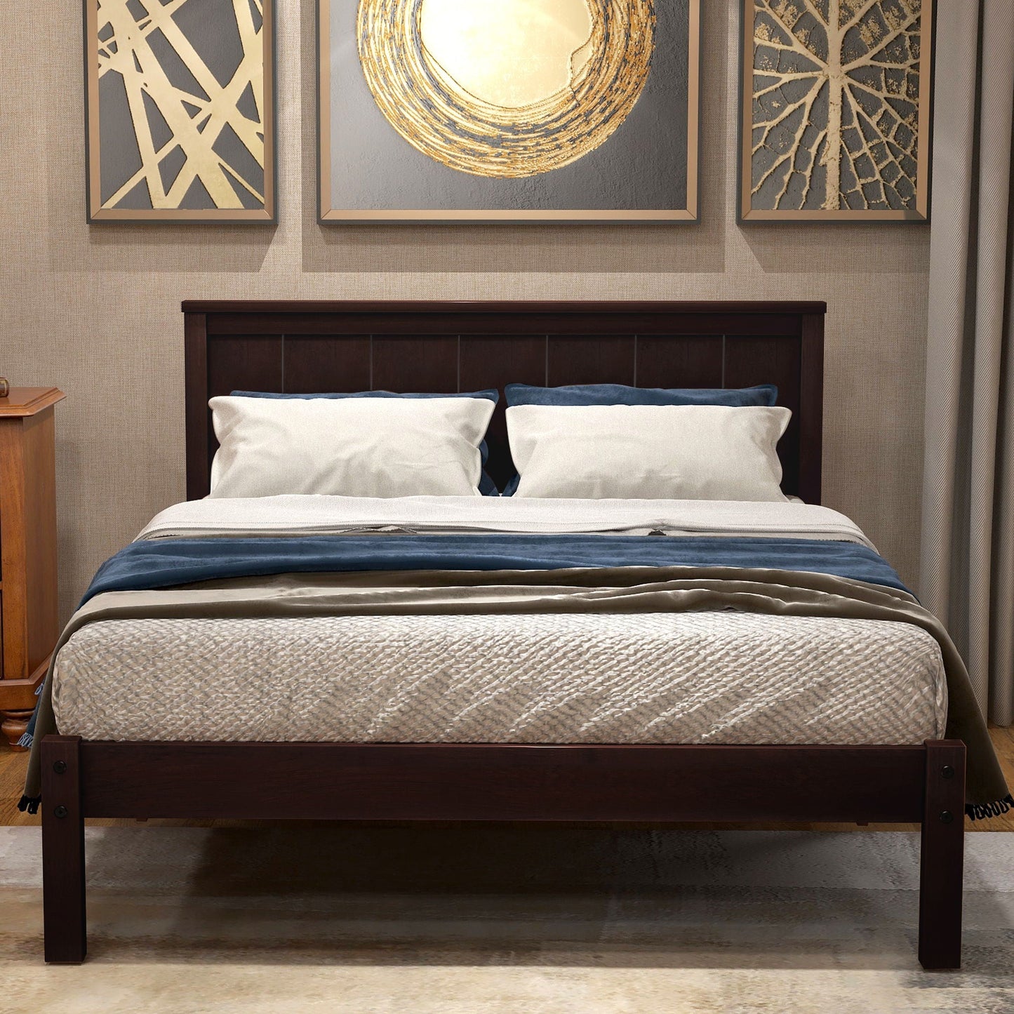 Strong Espresso Wood Platform Bed and Headboard
