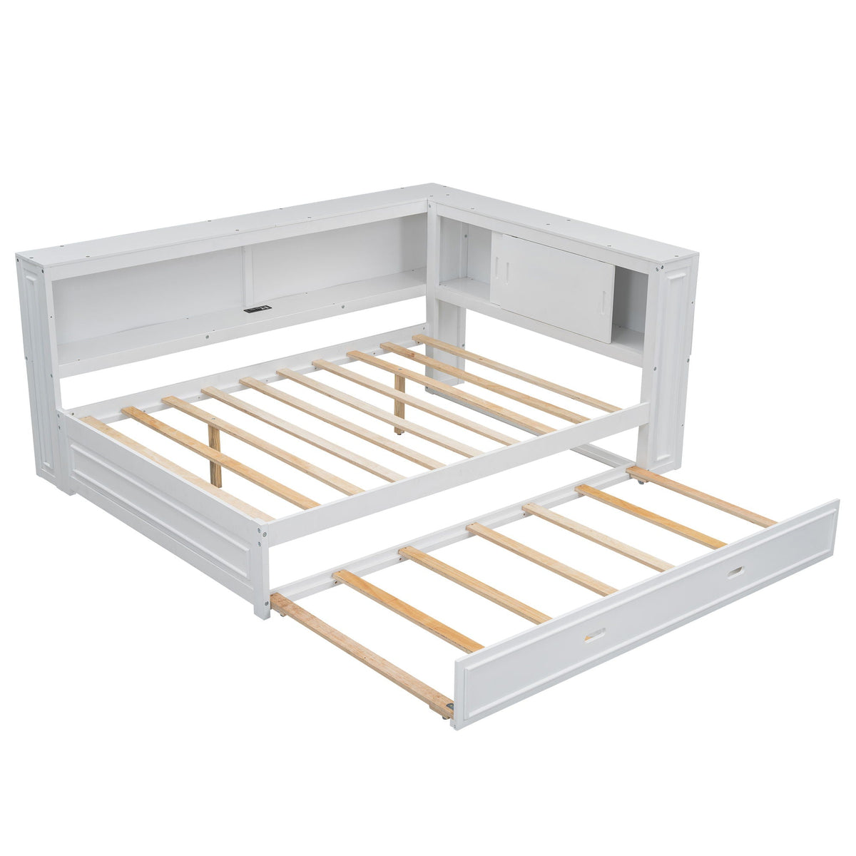 Daybed with storage shelves, LED, USB, and trundle bed frame by HouseOfZazla in white wood on Tampa Home & Garden Store