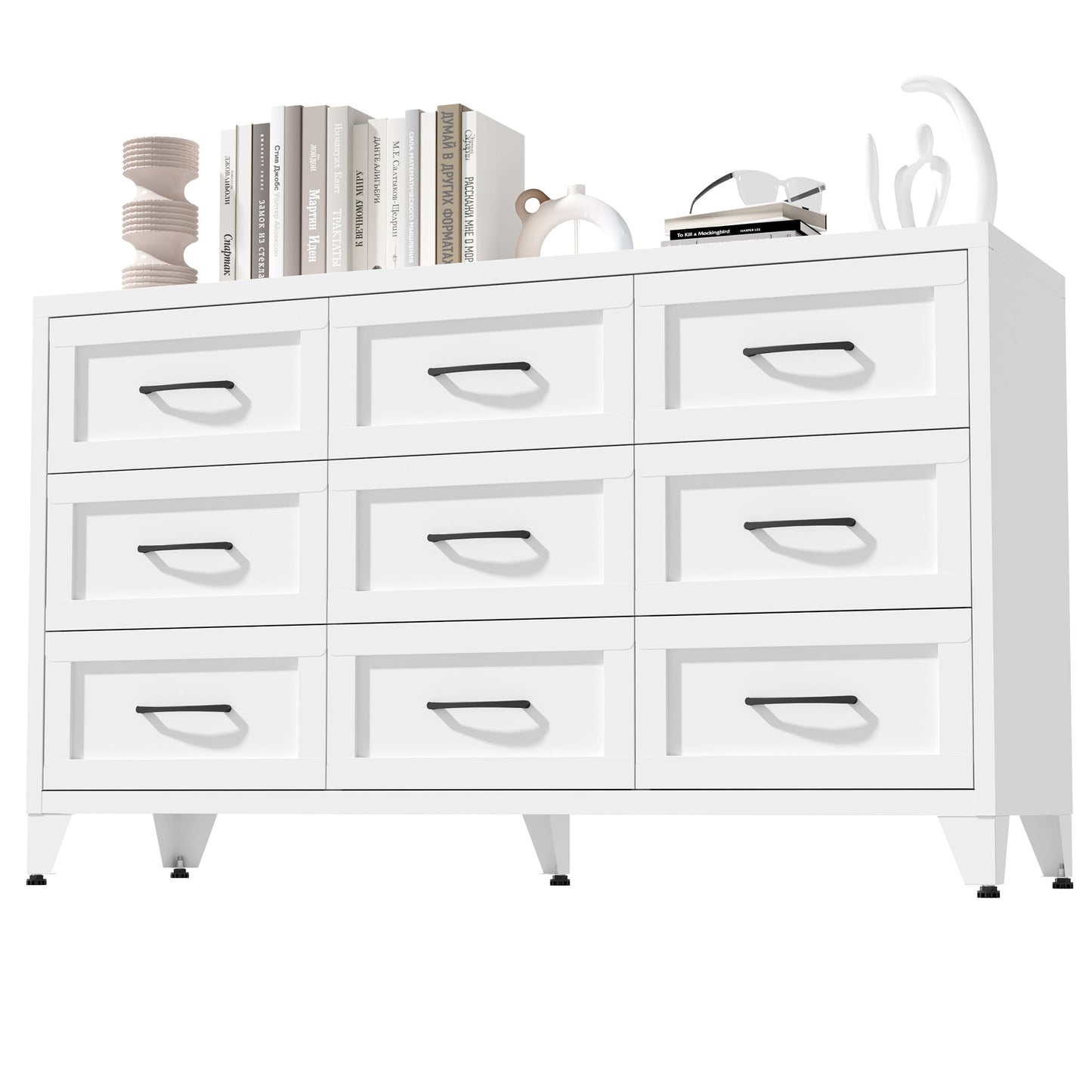 9-drawer white metal dresser with black handles and quiet-glide rails on Tampa Home & Garden Store