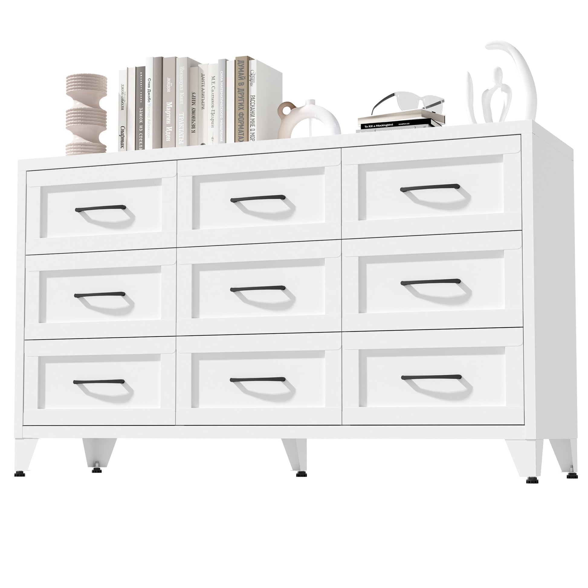 9-drawer white metal dresser with black handles and quiet-glide rails on Tampa Home & Garden Store