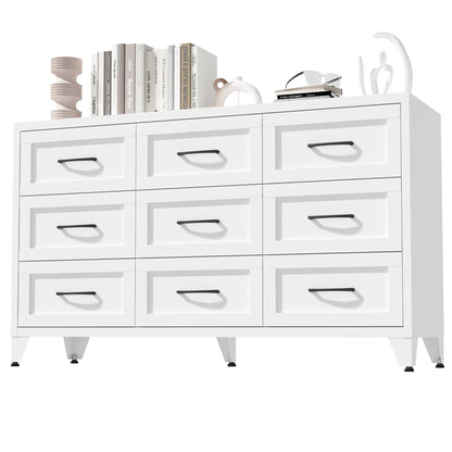 9-drawer white metal dresser with black handles and quiet-glide rails on Tampa Home & Garden Store