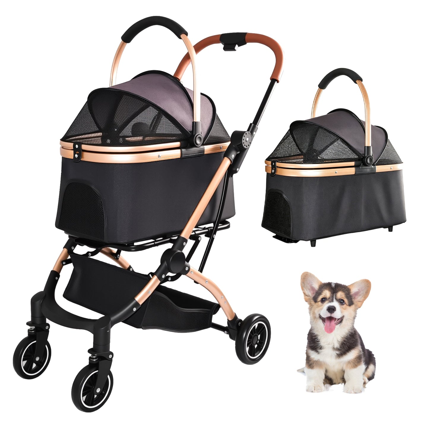 Pet Stroller for Dogs and Cats by HouseOfZazla 2-in-1 foldable rose-gold frame (2-stroller set) on Tampa Home & Garden Store