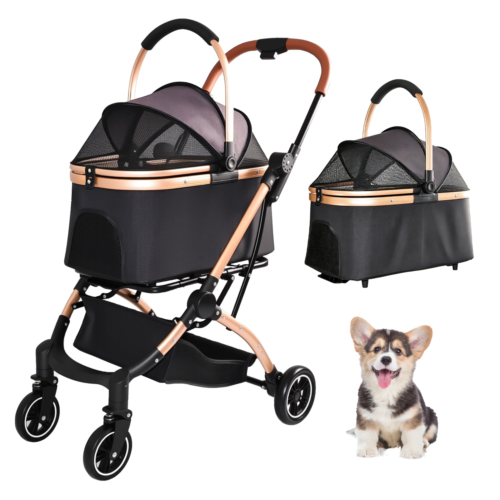 Pet Stroller for Dogs and Cats by HouseOfZazla 2-in-1 foldable rose-gold frame (2-stroller set) on Tampa Home & Garden Store
