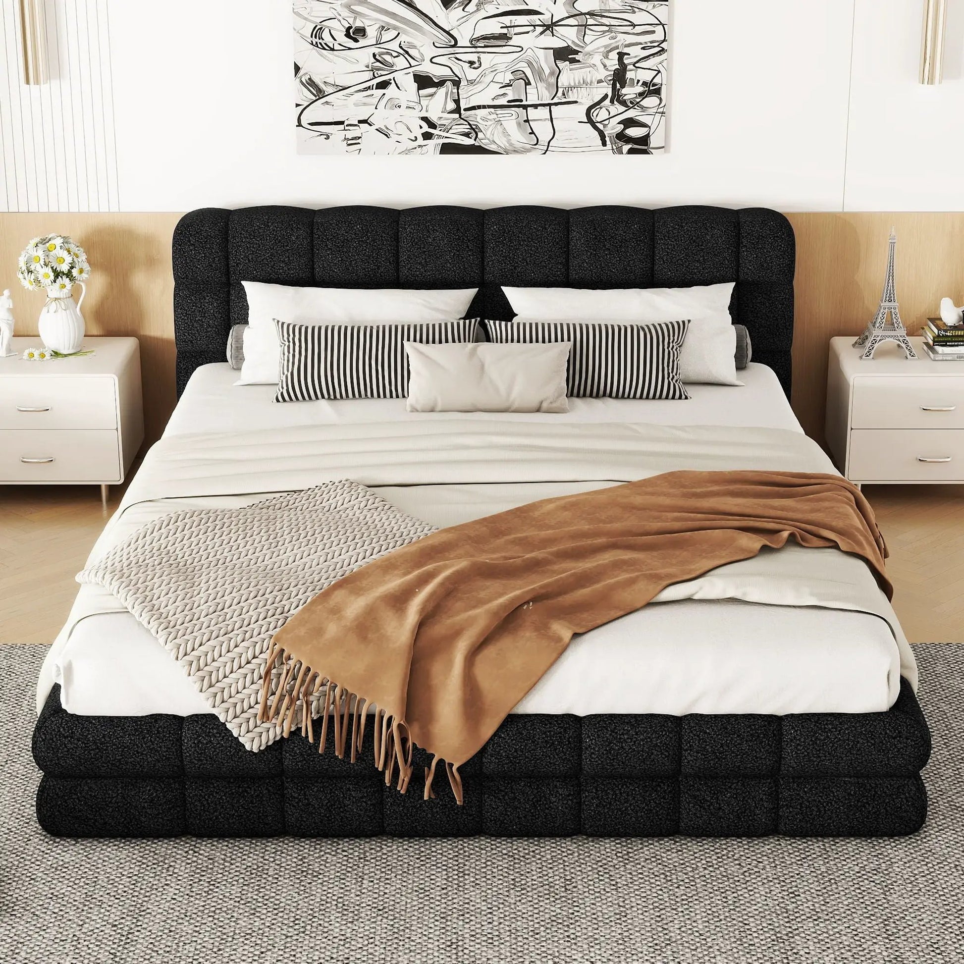 Upholstered platform bed with headboard in black textured fabric, white bedding on Tampa Home & Garden Store
