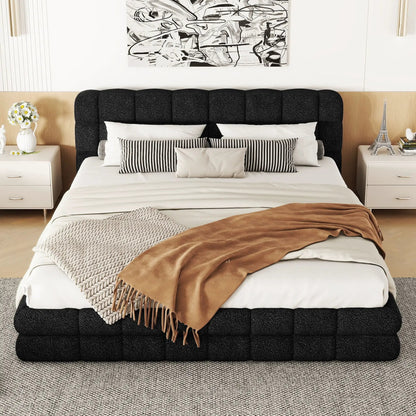 Upholstered platform bed with headboard in black textured fabric, white bedding on Tampa Home & Garden Store