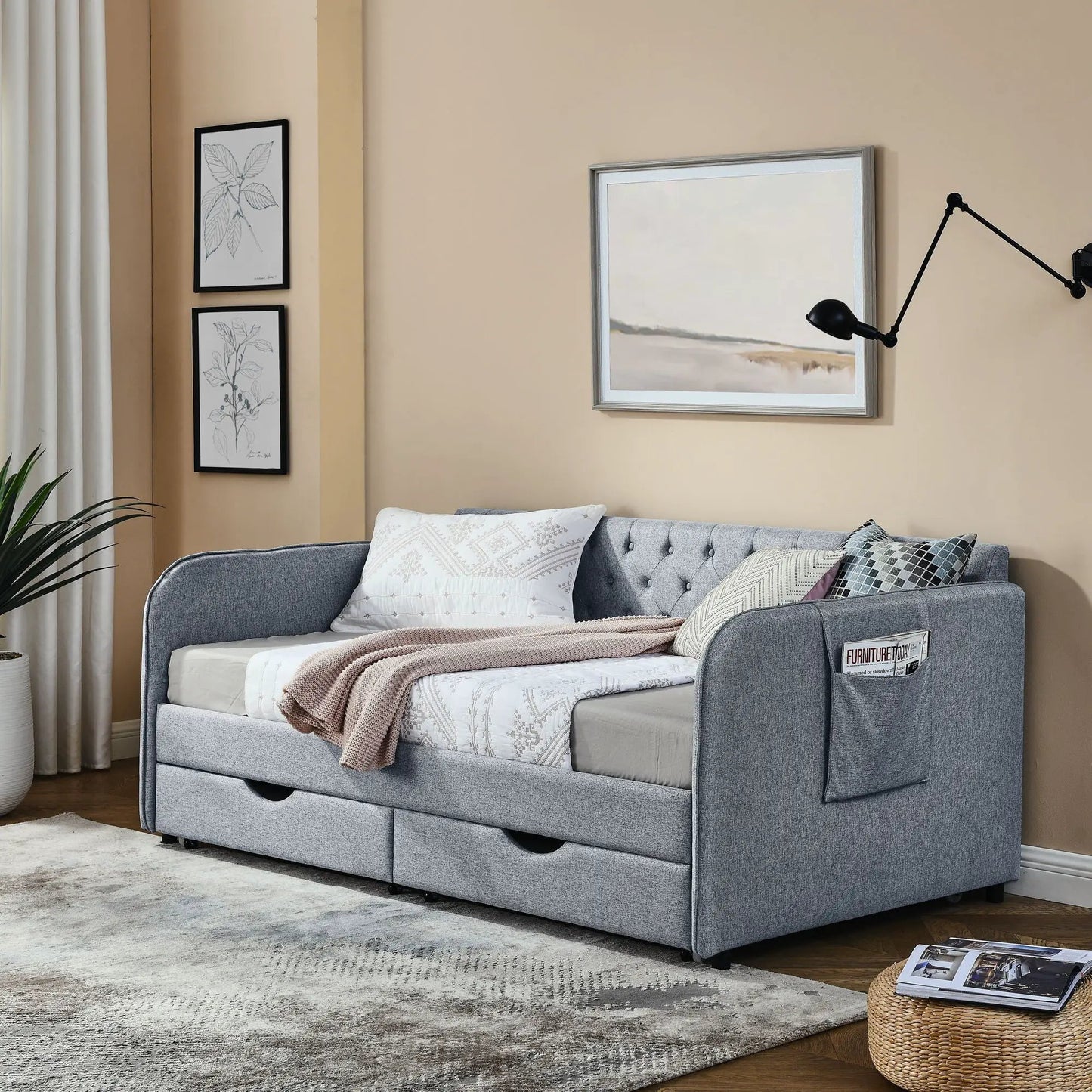 Daybed With Trundle and Storage Drawers Flat Arms