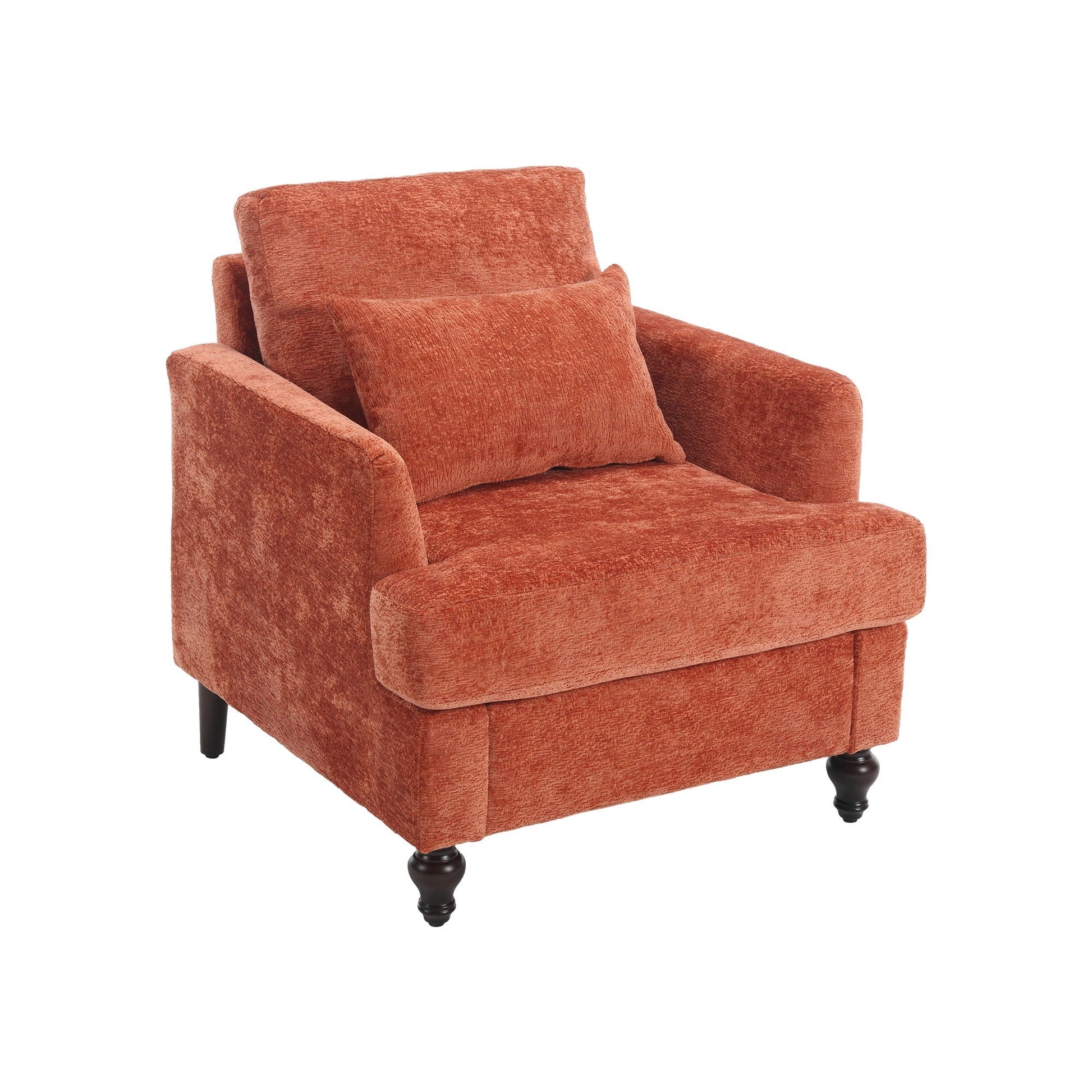 Modern mid-century wood-frame armchair in orange tufted upholstery with dark wood legs on Tampa Home & Garden Store