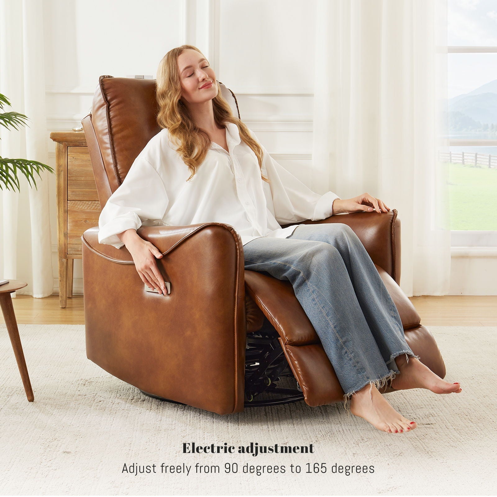 Electric recliner chair with rocker and swivel in brown leather HouseOfZazla user relaxing on Tampa Home & Garden Store