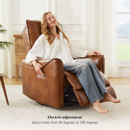Electric recliner chair with rocker and swivel in brown leather HouseOfZazla user relaxing on Tampa Home & Garden Store