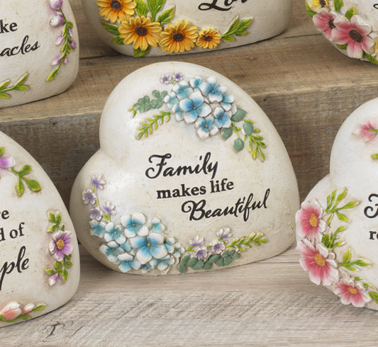 Resin Inspirational Heart Stone - Family makes life Beautiful - Tampa Home & Garden Store
