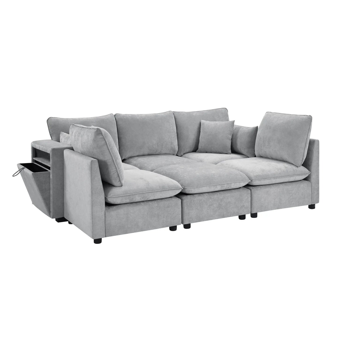 Modern U-Shaped sectional sofa with movable ottoman storage, USB ports and armrests gray fabric on Tampa Home & Garden Store