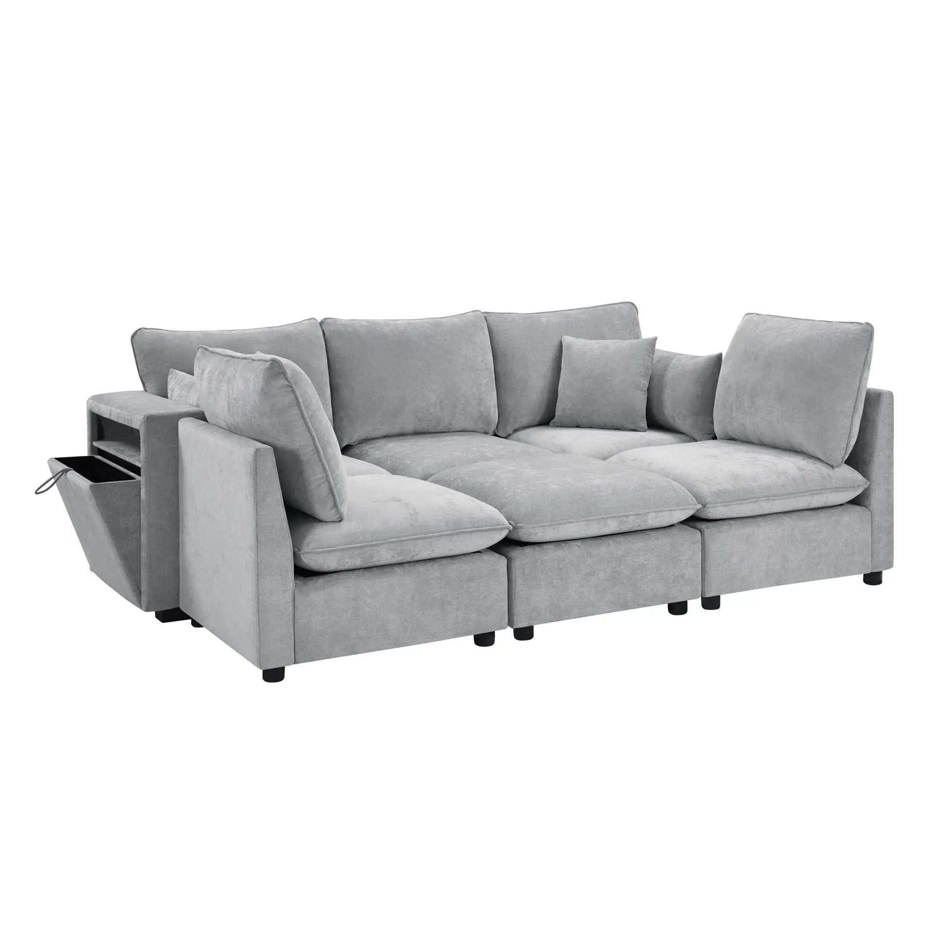 Modern U-Shaped sectional sofa with movable ottoman storage, USB ports and armrests gray fabric on Tampa Home & Garden Store