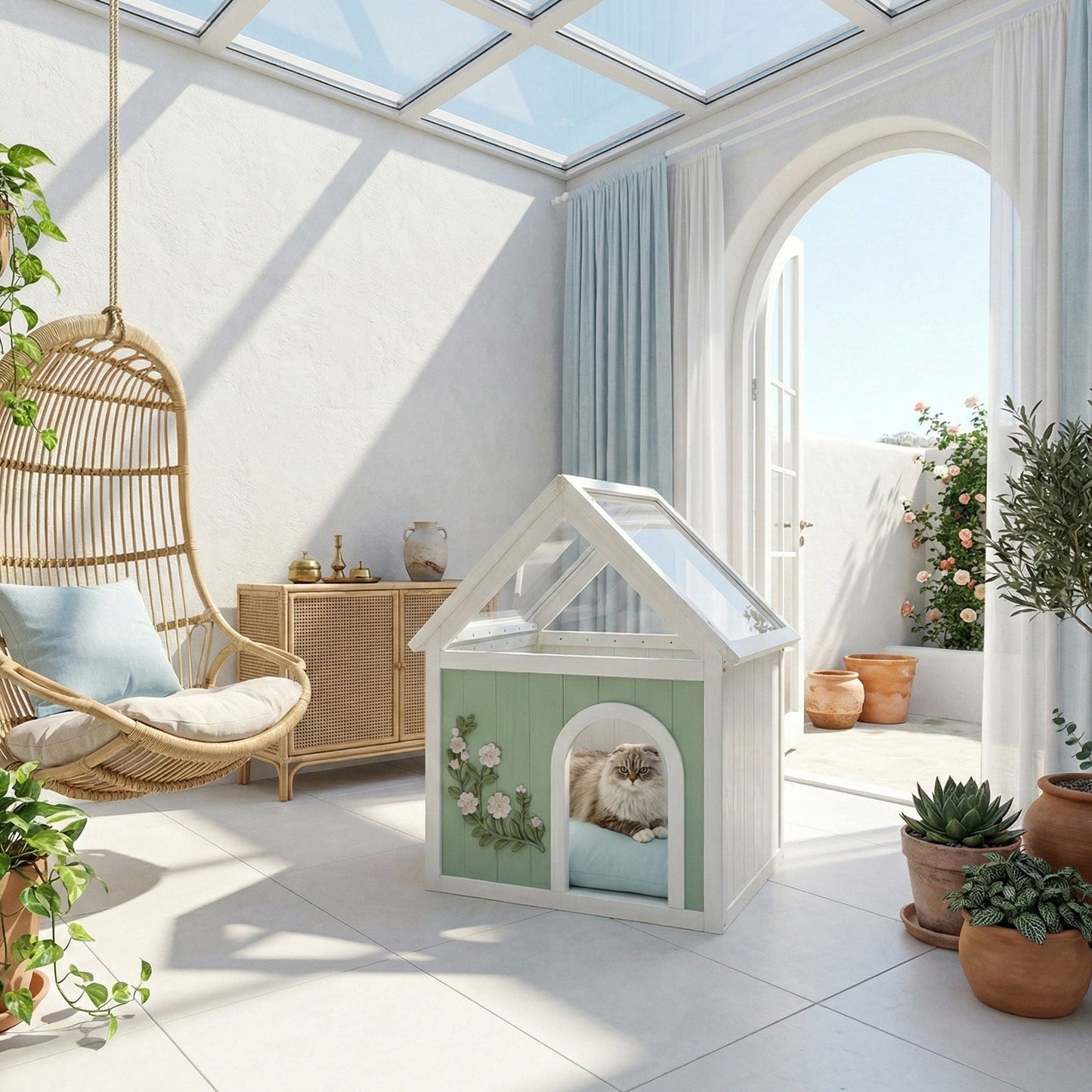 Indoor Cat House with Clear Roof mint white for small cats, outdoor cat house by HouseOfZazla on Tampa Home & Garden Store