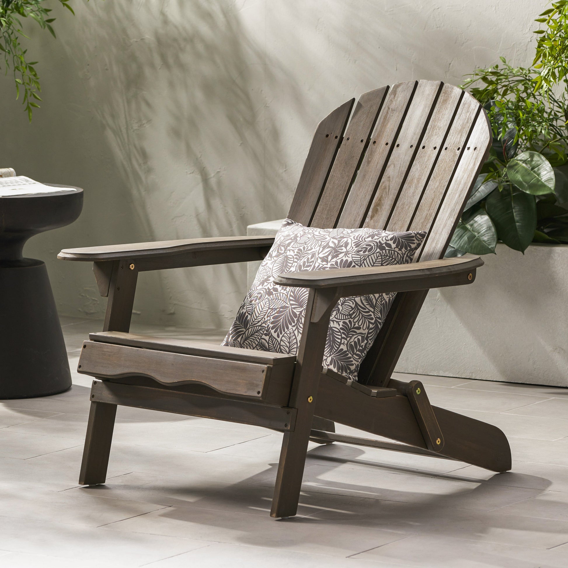 Malibu Adirondack Chair, weathered gray wood with botanical-pattern cushion on Tampa Home & Garden Store