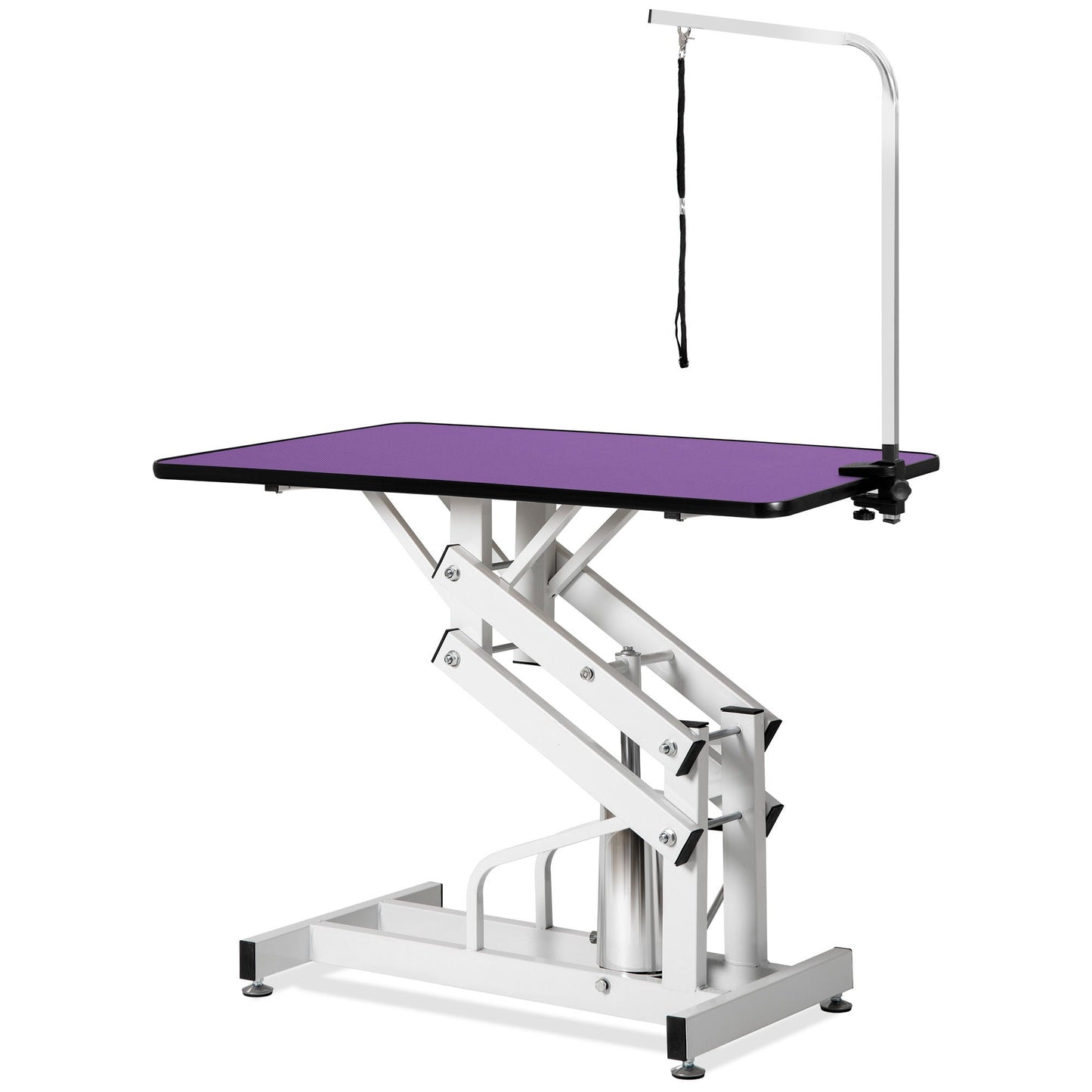Hydraulic Pet Grooming Table with purple non-slip top and strap on Tampa Home & Garden Store