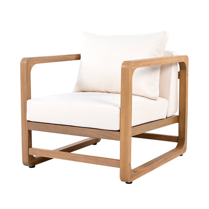 Acacia wood outdoor club chair with cream cushion and sleek rounded armrests on Tampa Home & Garden Store