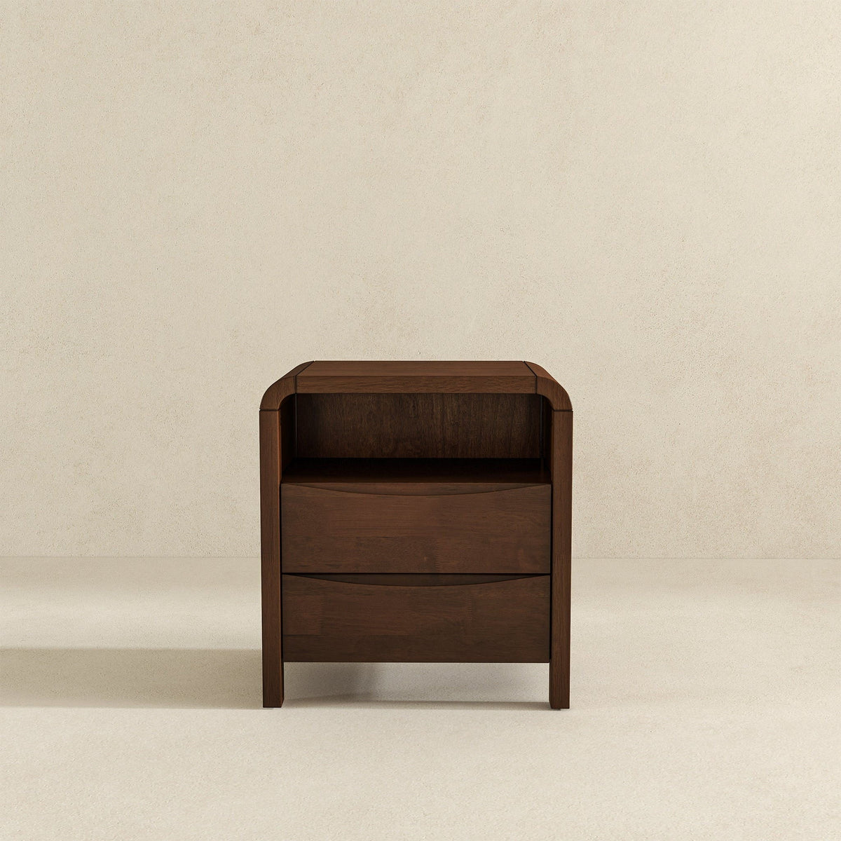 Brown solid-wood 2-drawer nightstand with rounded edges and warm finish on Tampa Home & Garden Store