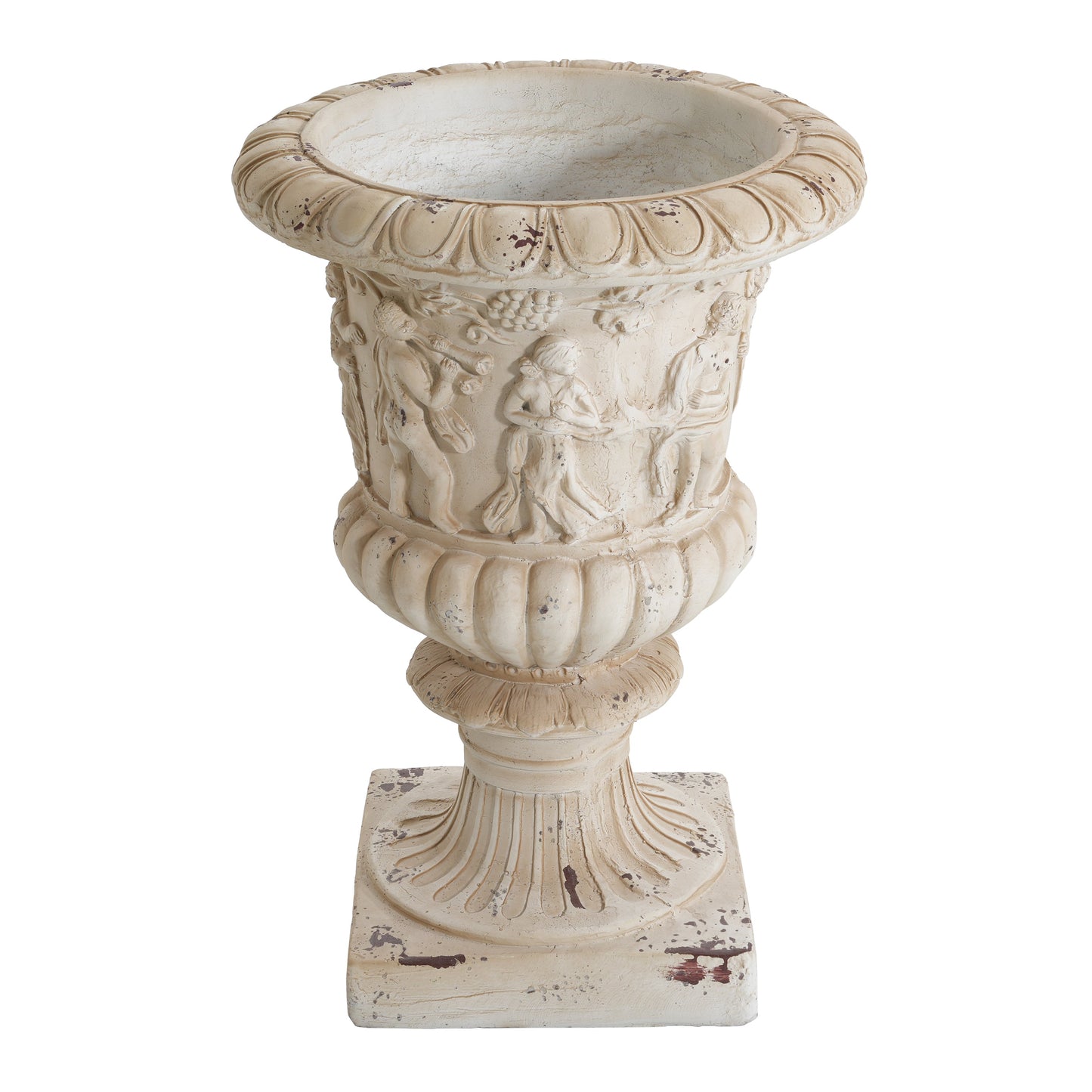 Garden urn antique white with scalloped rim and grapevine relief, 27in tall on Tampa Home & Garden Store