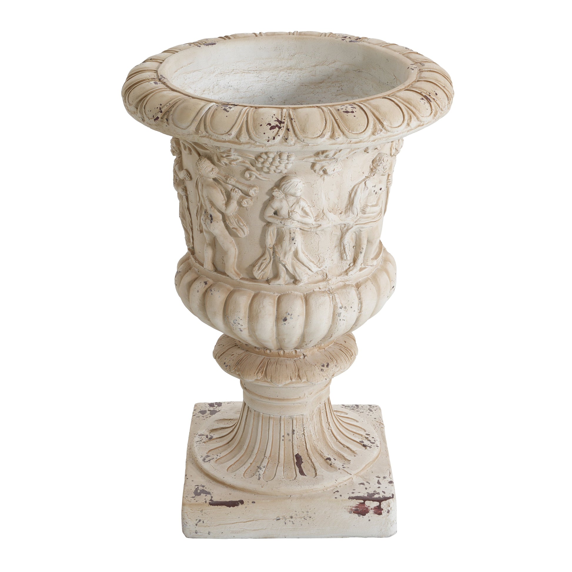 Garden urn antique white with scalloped rim and grapevine relief, 27in tall on Tampa Home & Garden Store