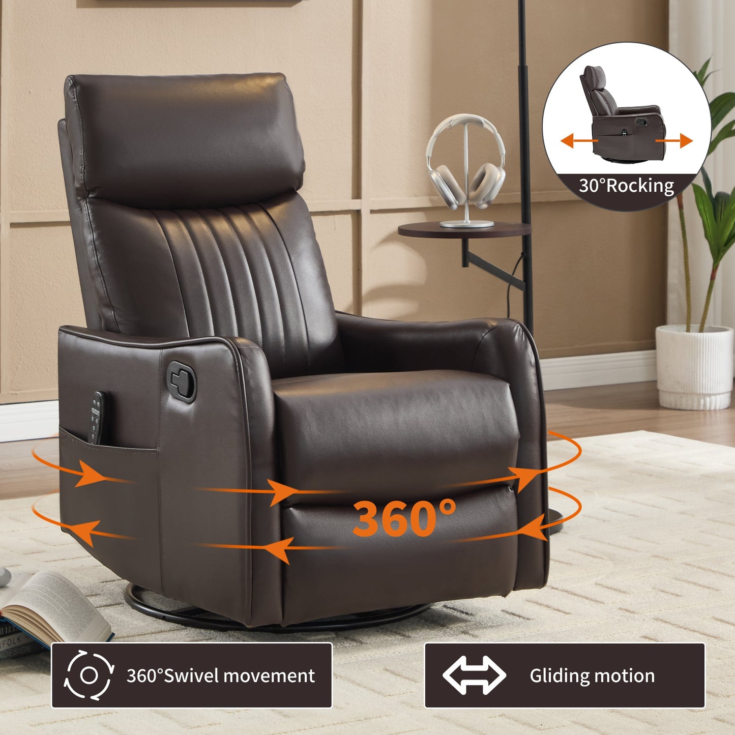 Brown faux leather heat massage manual recliner chair by HouseOfZazla with 360° swivel on Tampa Home & Garden Store
