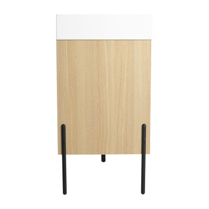 Modern bathroom vanity cabinet with light wood grain base, white top, black metal legs on Tampa Home & Garden Store