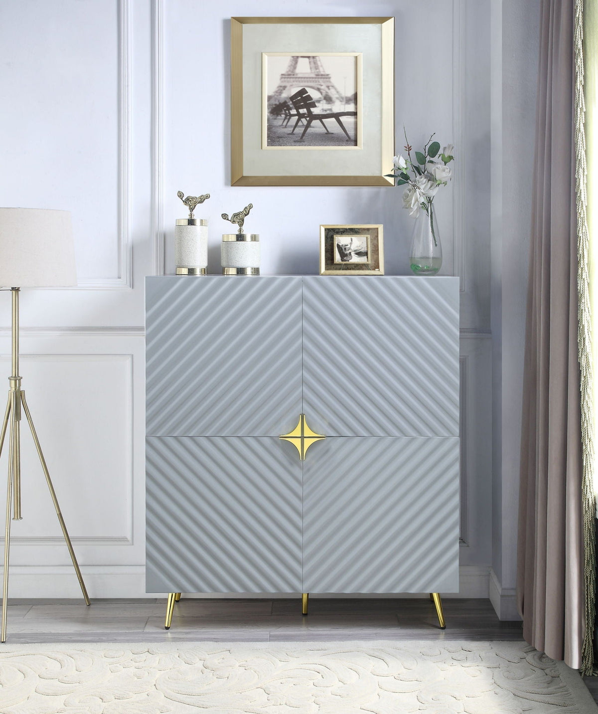 HouseOfZazla gray high-gloss accent cabinet with diagonal ribbed doors and gold legs on Tampa Home & Garden Store