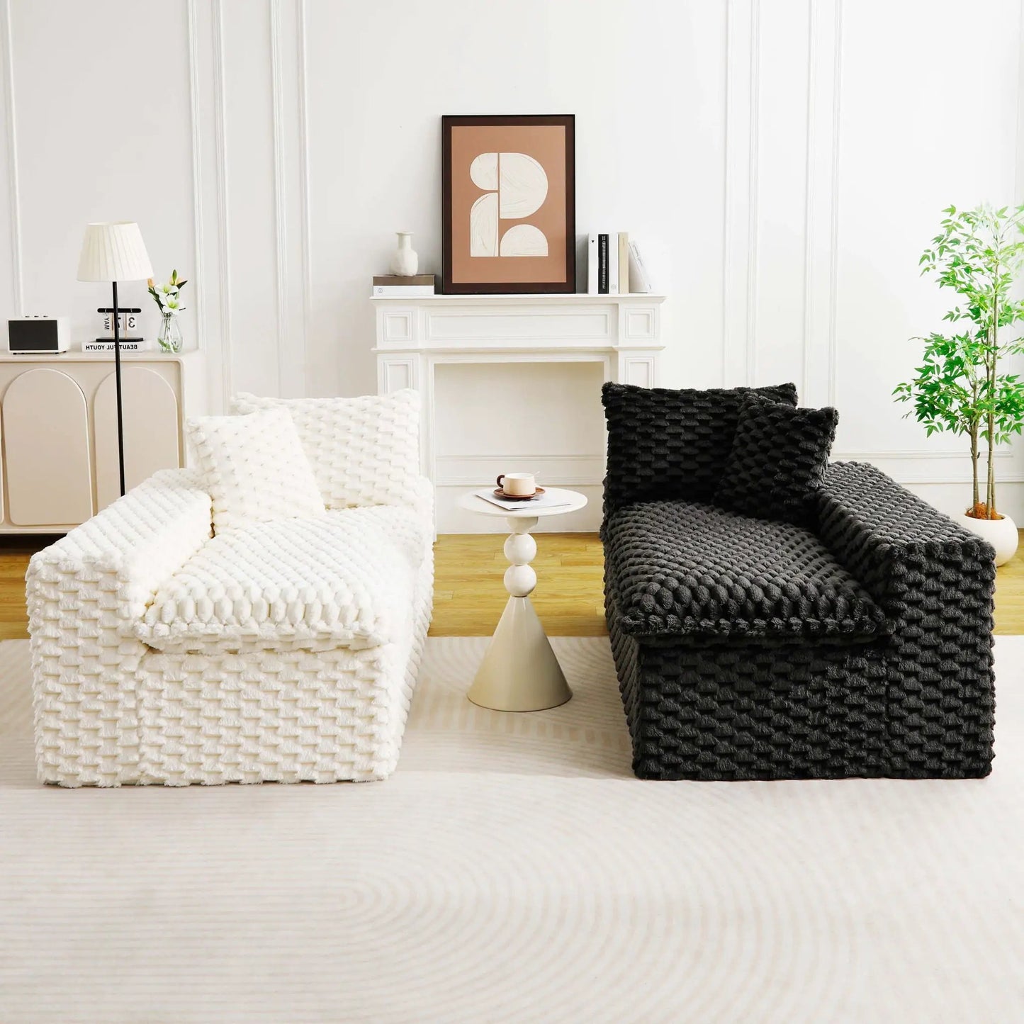Luxury sofa by Unique Piece Furniture, white and black knitted upholstery in a modern lounge on Tampa Home & Garden Store