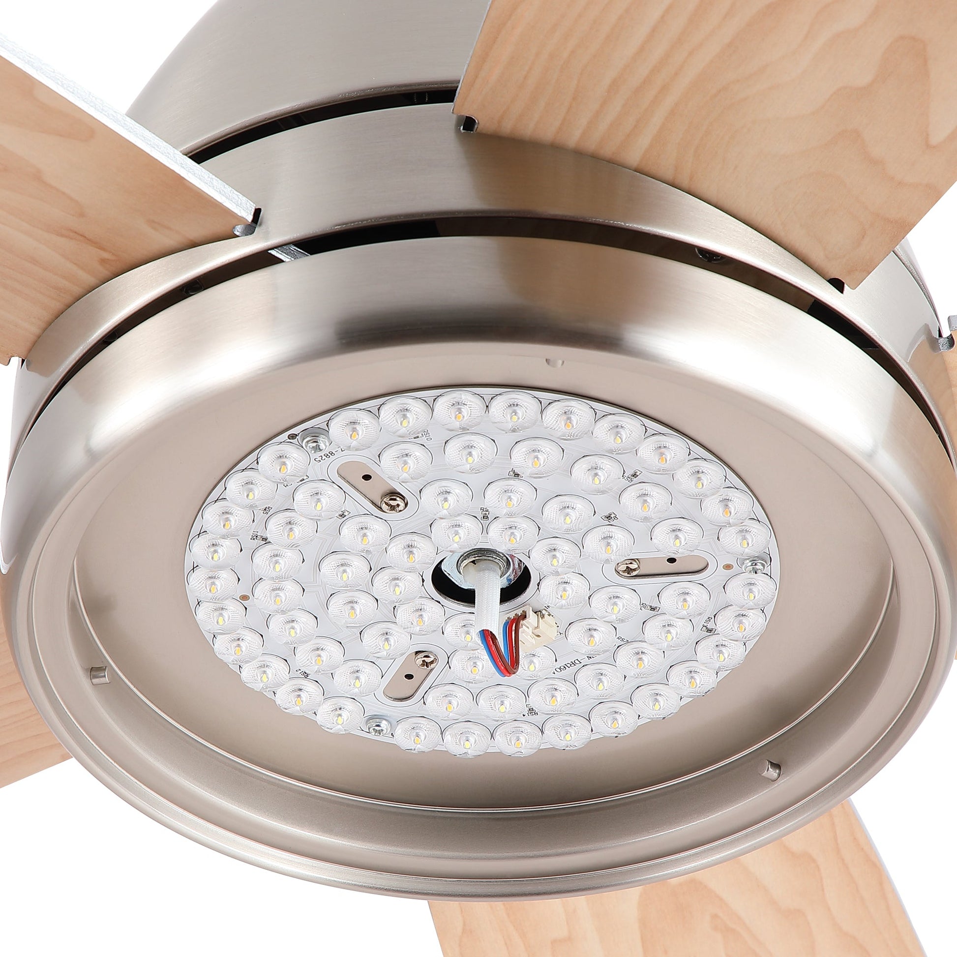 52 in brushed nickel ceiling fan with integrated LED light kit and remote, wood blades on Tampa Home & Garden Store