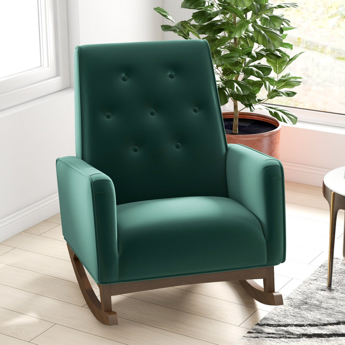 Demetrius Solid Wood Rocking Chair by HouseOfZazla in teal green with curved wood rockers on Tampa Home & Garden Store