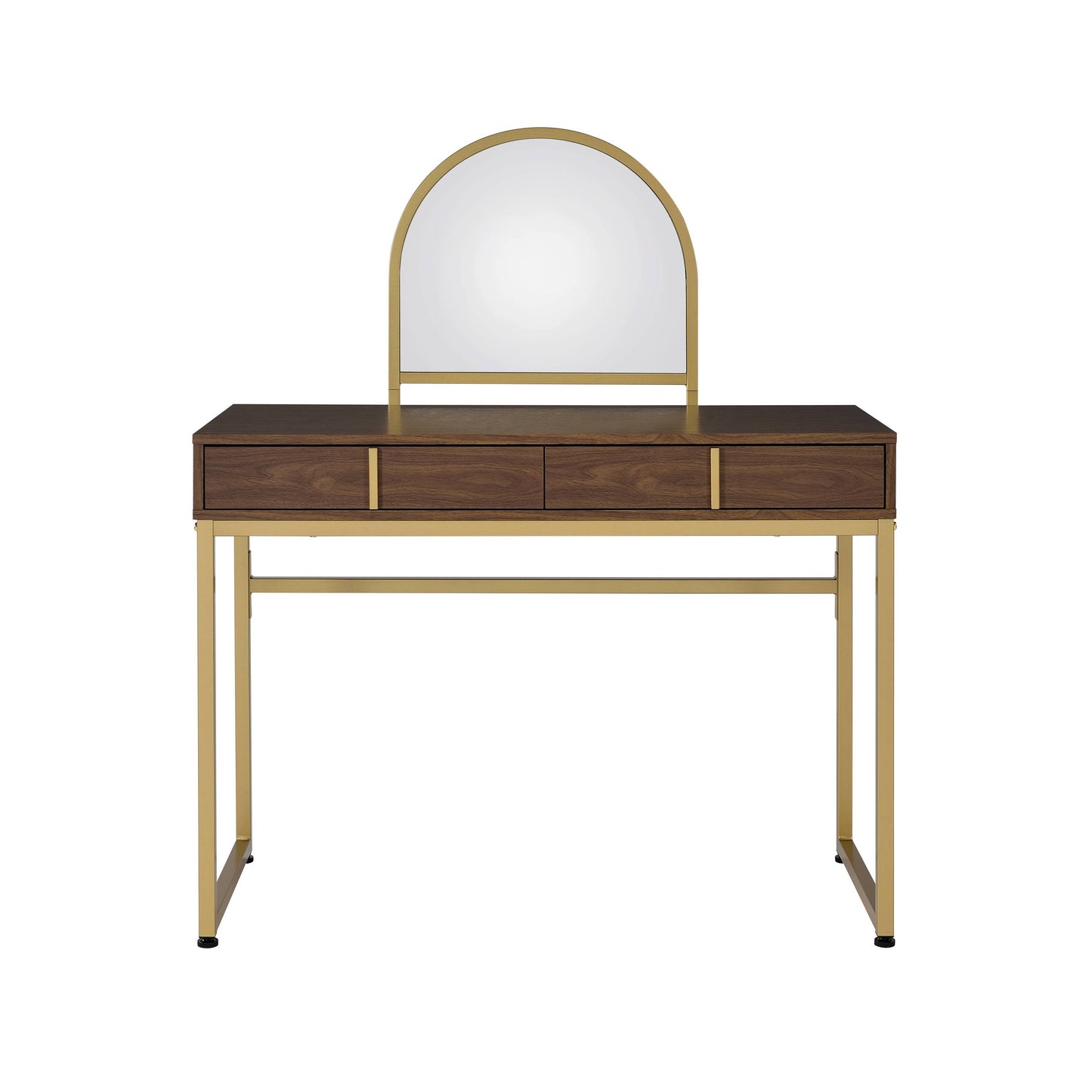 Coleen Walnut & Gold Vanity Desk with Mirror arched gold frame and walnut veneer drawers on Tampa Home & Garden Store