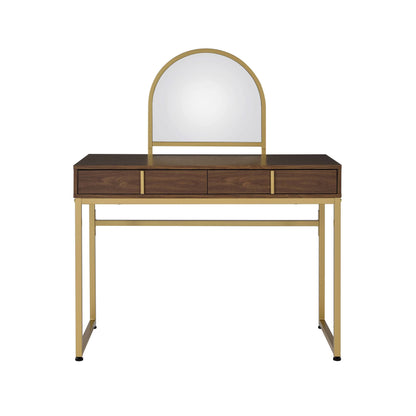 Coleen Walnut & Gold Vanity Desk with Mirror arched gold frame and walnut veneer drawers on Tampa Home & Garden Store